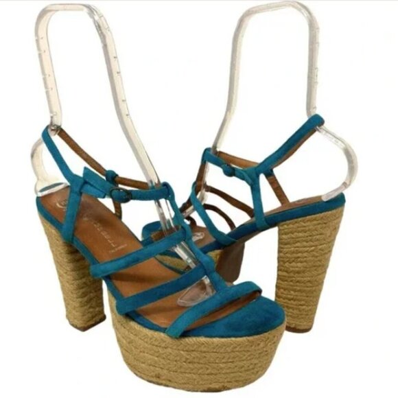 Jeffrey Campbell Jenna Teal Suede Platform Esparto Rope Espadrilles - Size 11 - Picture 1 of 6
